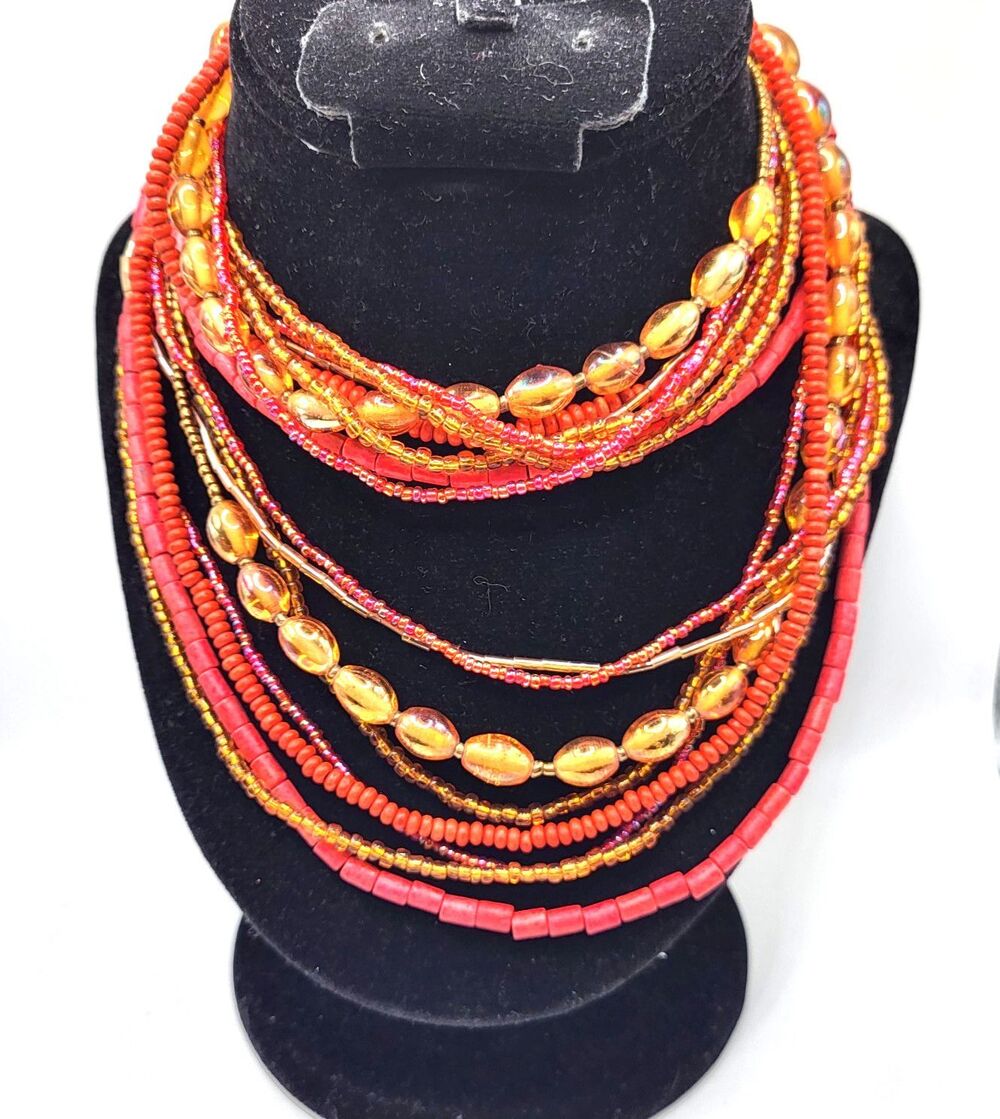 Multistrand Orange and Red Earth Tone Necklace 30in